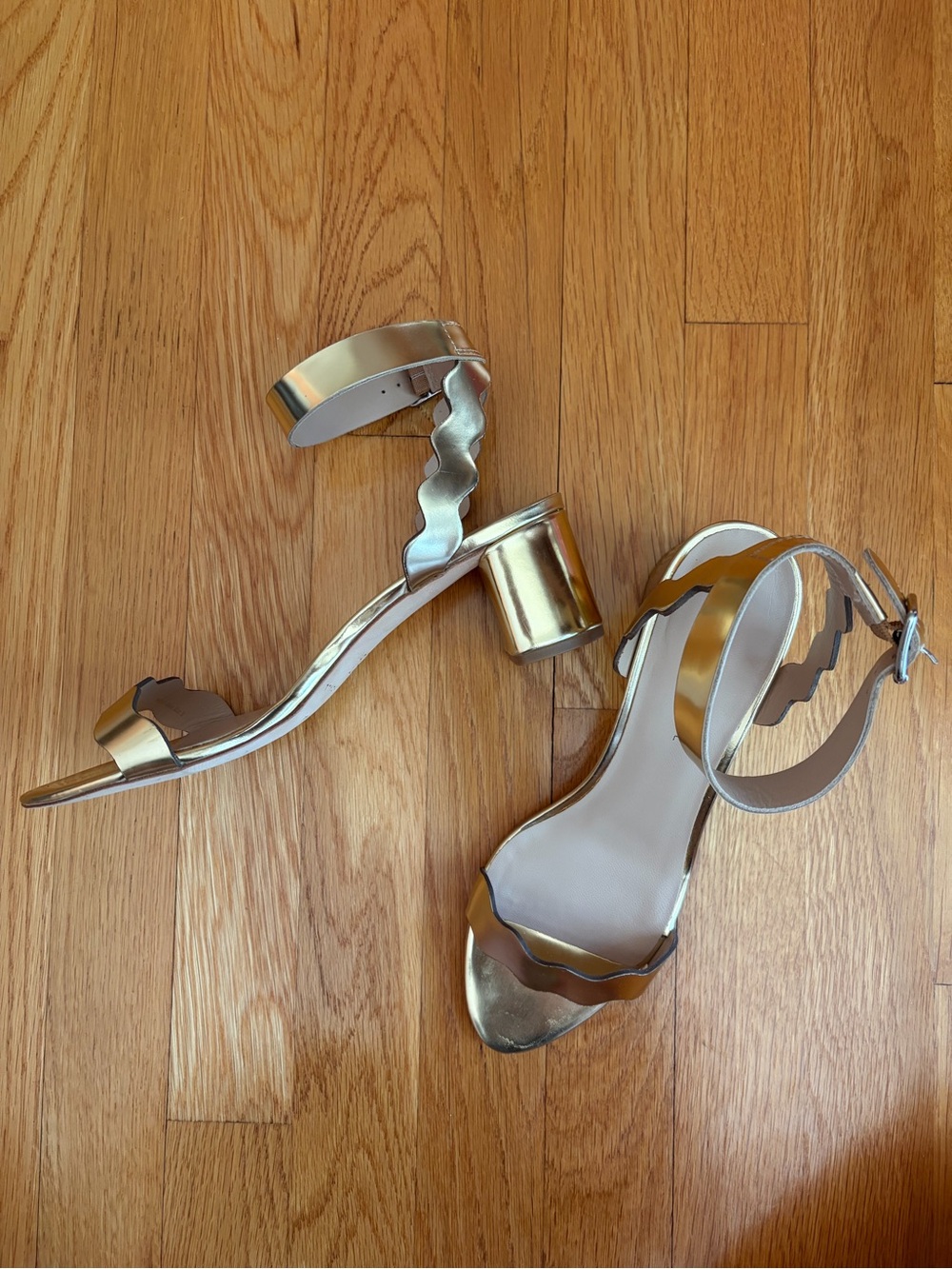 loeffler randall metallic gold women’s scallop strap block heels